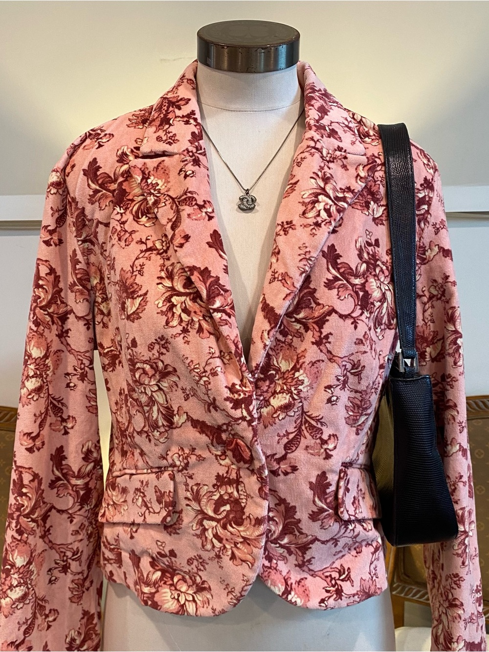 Vintage Pink Floral Cropped Tapestry Jacket Blazer Y2K Corduroy Cotton Size 10